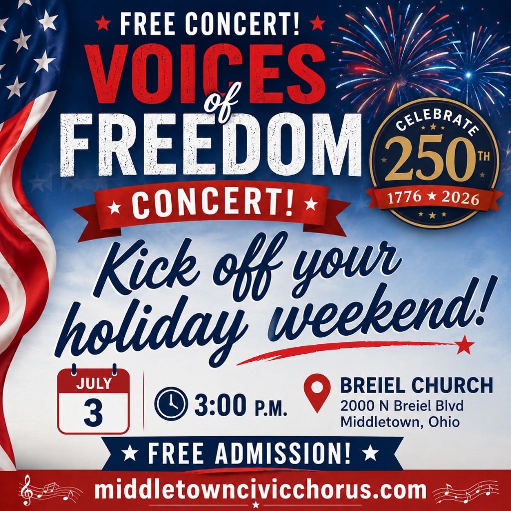 Voices of Freedom concert promotional poster — July 3 at 3 p.m., Breiel Church, free admission